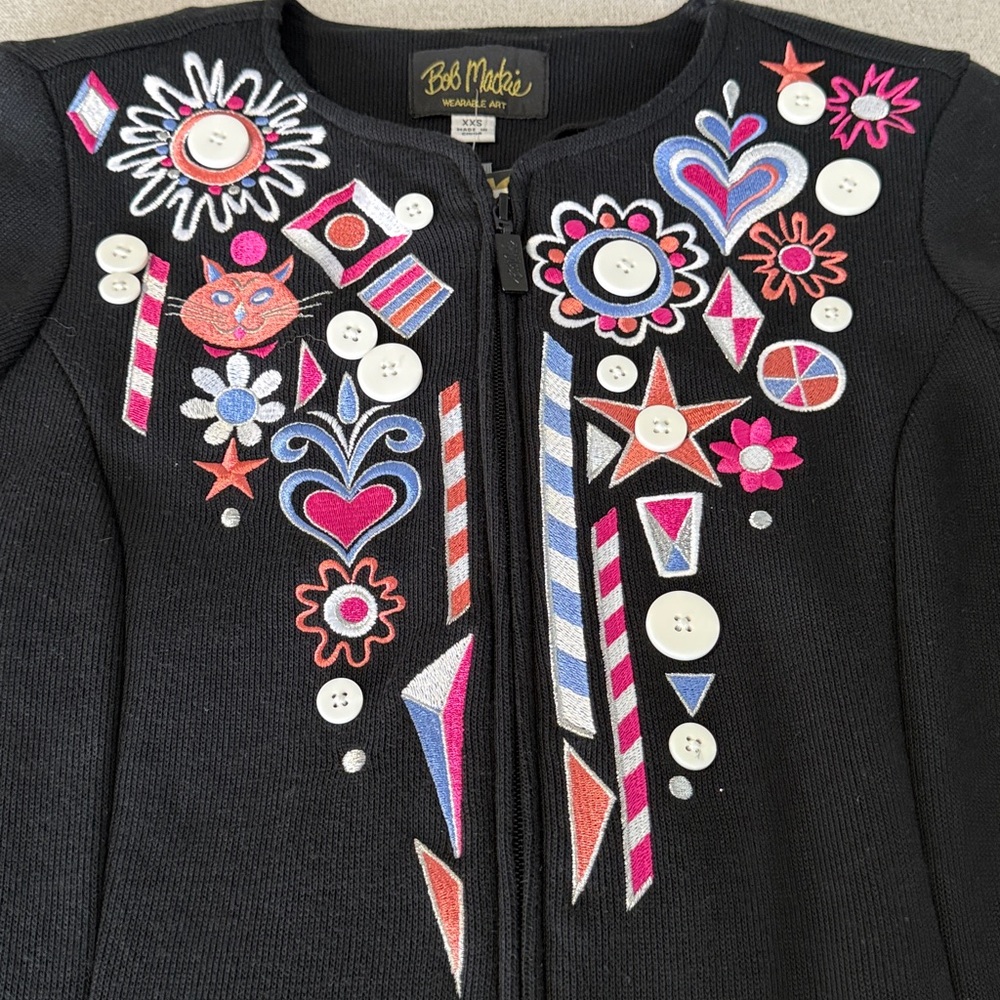 Bob Mackie Women’s Wearable Art Embroidered Cat Zip Up Black Cardigan. SZXXS. - Picture 9 of 15